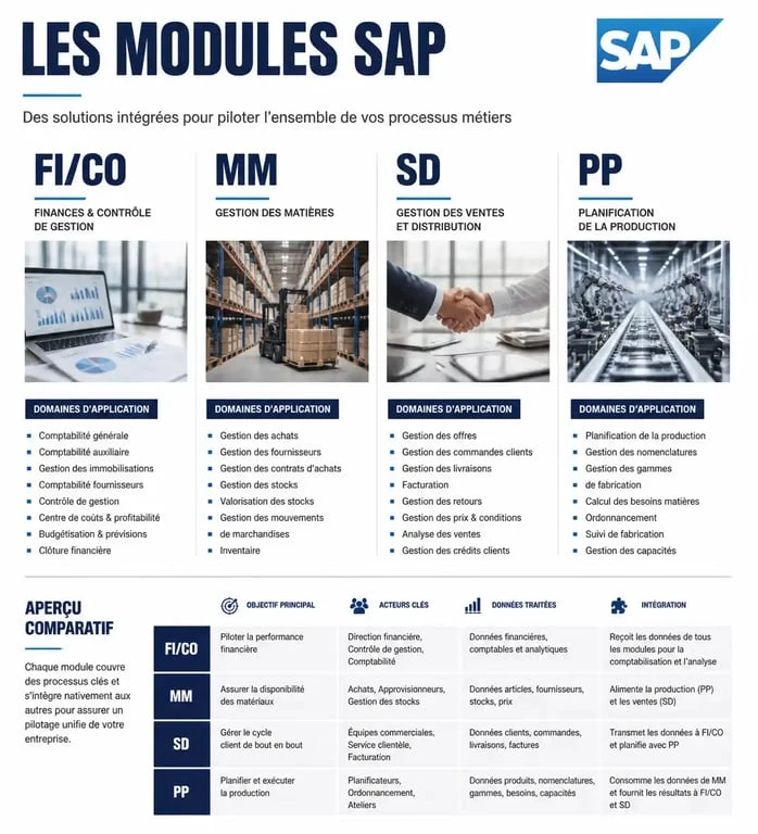 Infographie des modules de formation ERP SAP et leurs domaines d'application