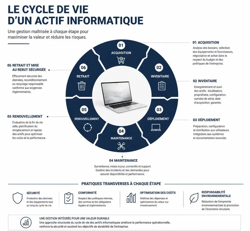 Schéma illustrant le cycle de vie d'une solution de gestion de parc informatique pour optimiser les actifs IT