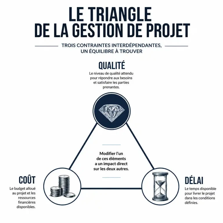 Schéma du triangle d'or en gestion de projet : qualité, coût et délai
