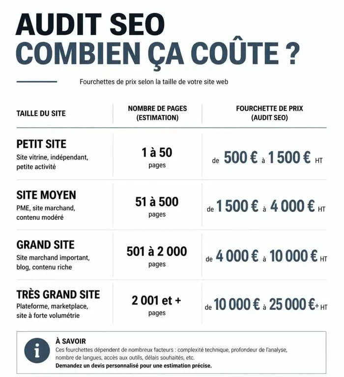 Infographie des prix d'un audit SEO par type de site web