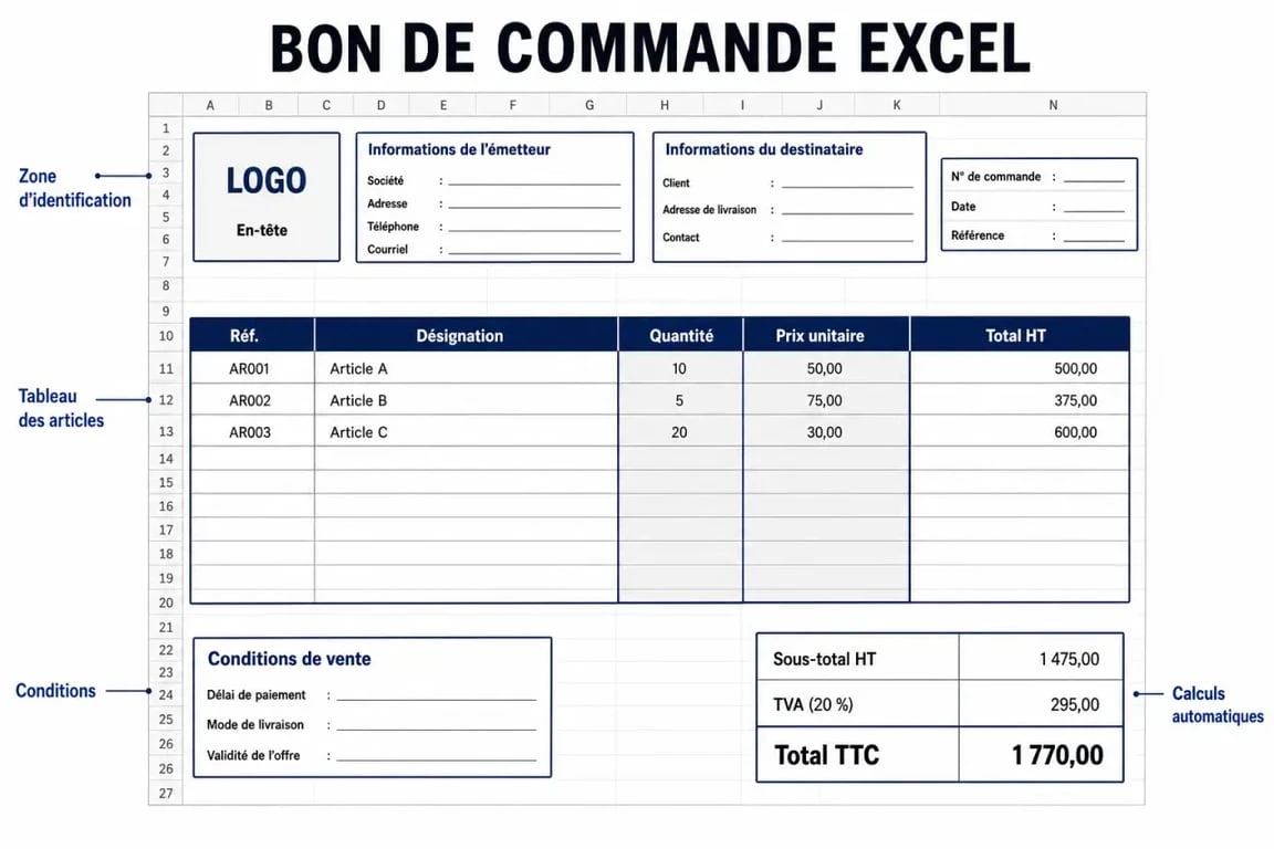 Exemple de structure d'un bon de commande sur Excel professionnel