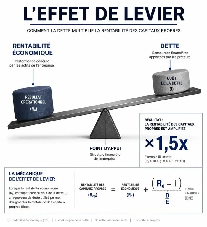 Schéma explicatif du mécanisme de l'effet de levier financier et son impact sur la rentabilité