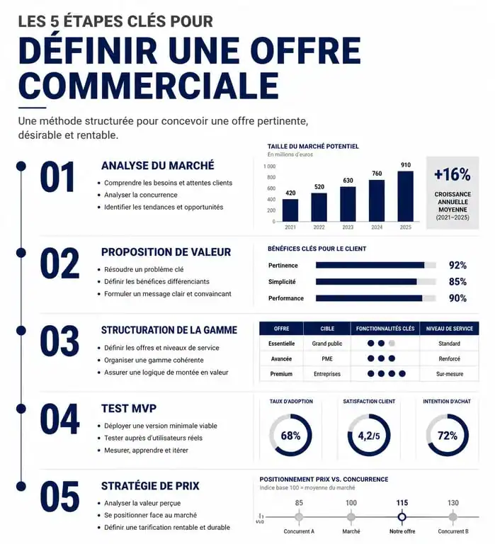 Infographie des étapes pour définir son offre commerciale : analyse, proposition de valeur, MVP et pricing.