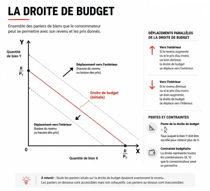 Schéma illustrant la droite de budget et la contrainte budgétaire en économie