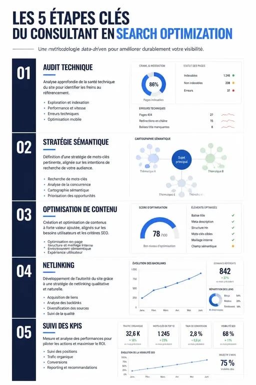 Infographie des étapes de travail d'un consultant en search optimization pour améliorer le référencement naturel d'un site web.