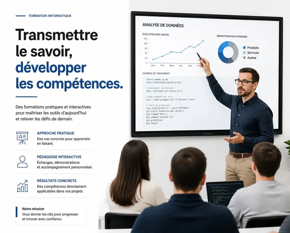 Formateur informatique animant une session de formation professionnelle