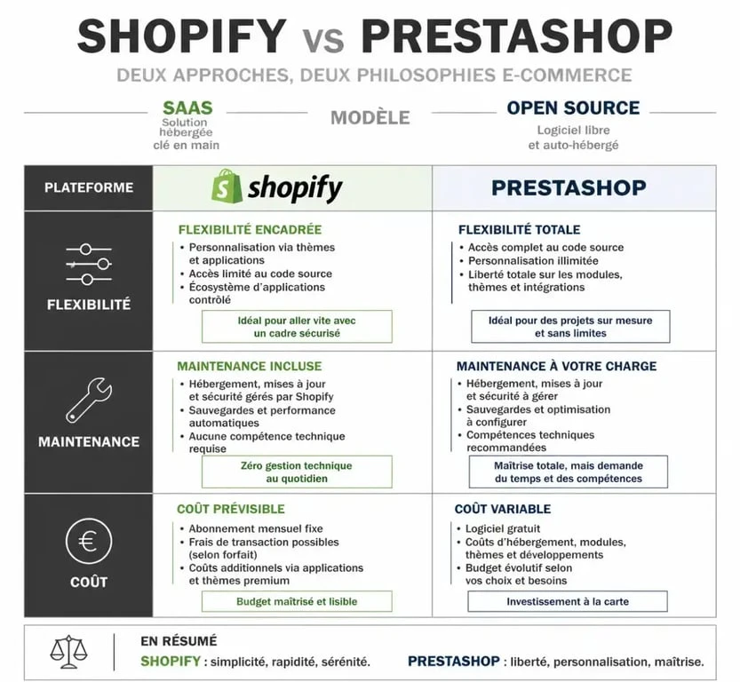 Infographie comparative entre PrestaShop et Shopify pour choisir sa plateforme e-commerce