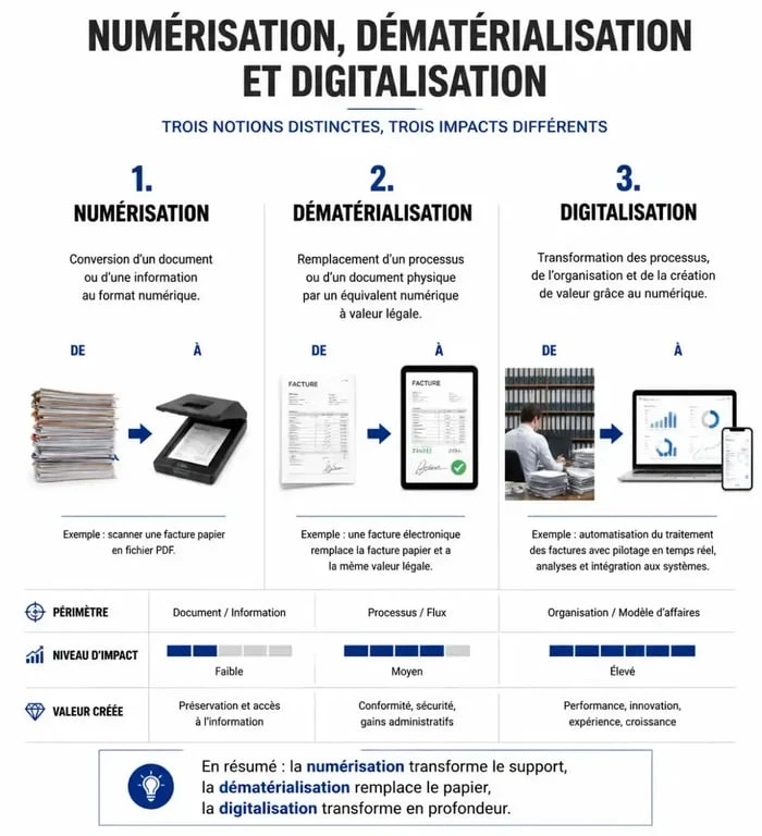 Infographie comparative : numérisation vs dématérialisation vs digitalisation pour comprendre la dématérialisation def
