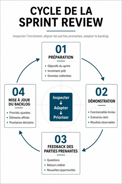 Schéma du déroulement d'une Sprint Review efficace dans le cadre Scrum