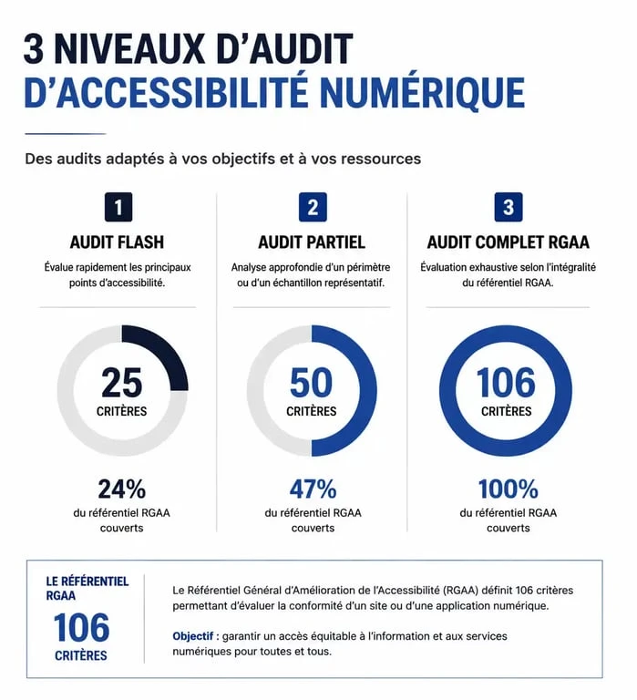 Infographie comparative des trois niveaux d'audit d'accessibilité numérique RGAA