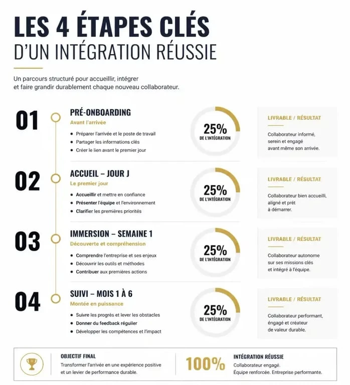 Infographie des étapes clés pour réussir l'intégration entreprise et l'onboarding d'un nouveau collaborateur