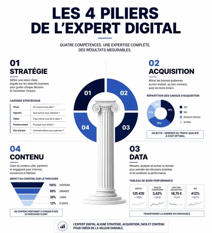 Infographie des spécialisations d'un expert digital : stratégie, acquisition, data et contenu