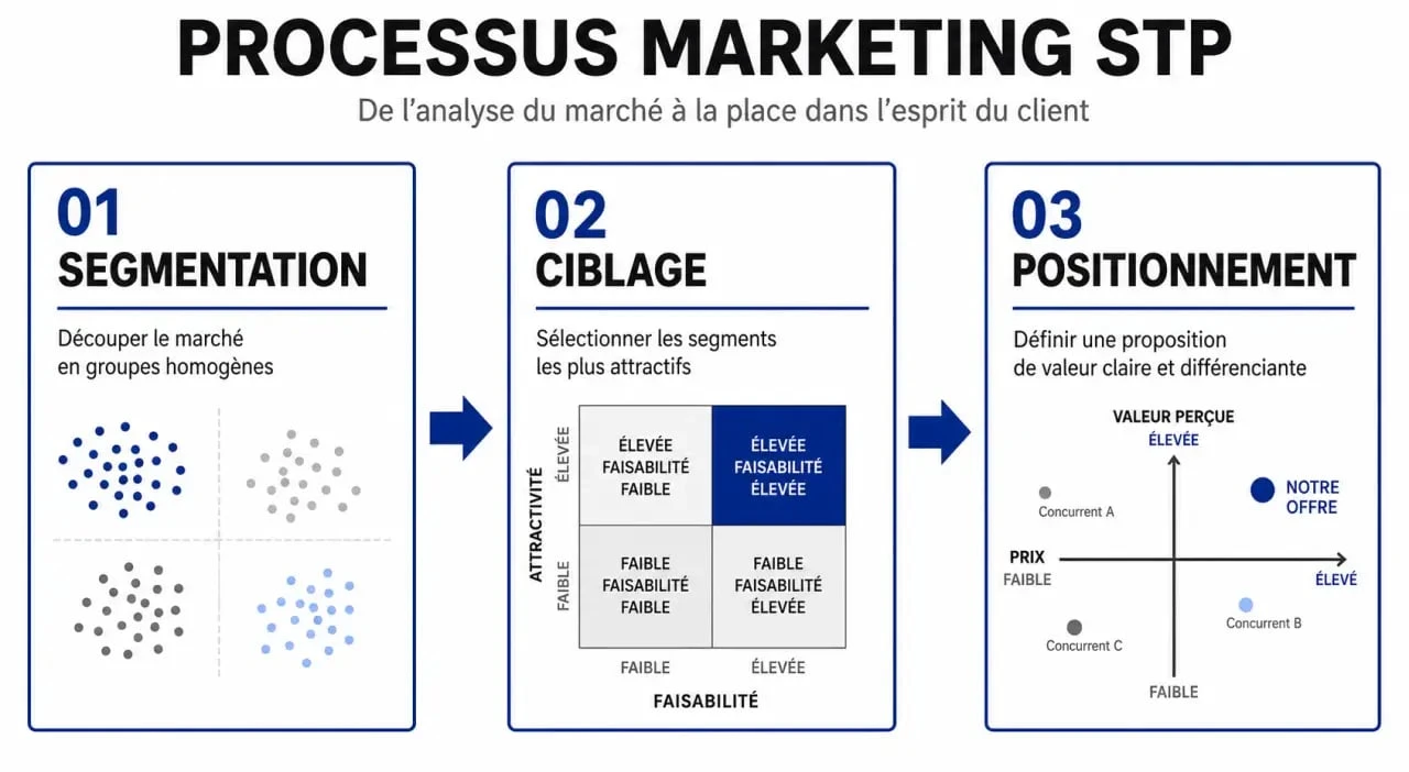 Schéma du processus marketing STP : Segmentation, Targeting et Positioning pour une stratégie efficace