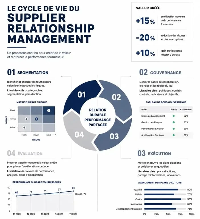 Infographie du processus de Supplier Relationship Management (SRM) en 4 étapes clés pour la gestion des fournisseurs