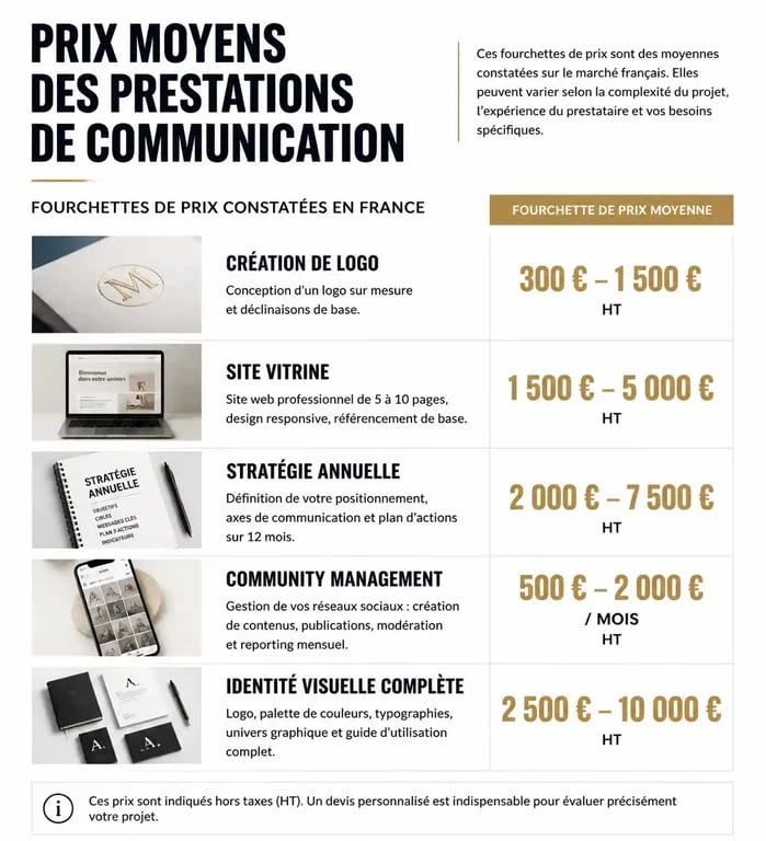 Infographie des tarifs moyens d'une agence de communication pour différents services