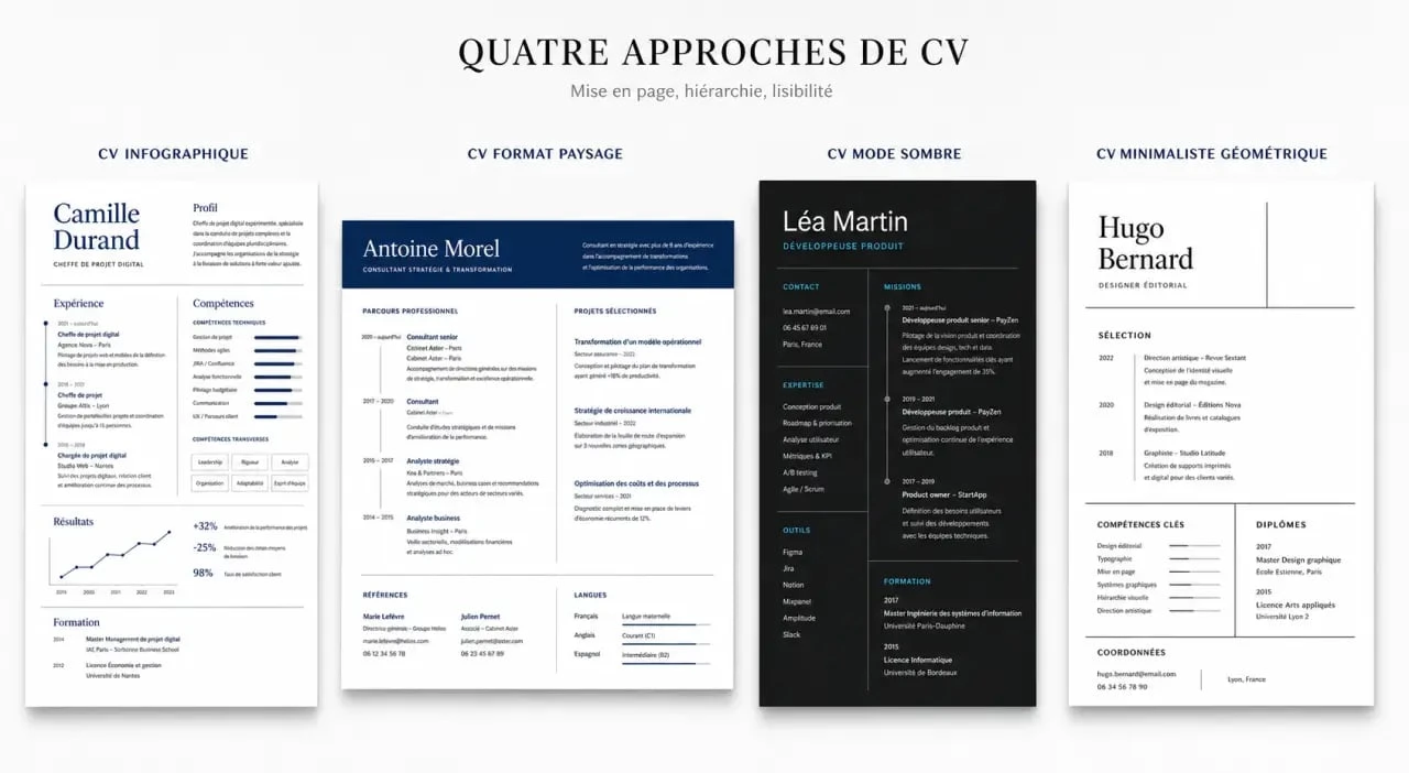 Exemples de modèles de CV originaux pour se démarquer : infographique, paysage, dark mode et minimaliste