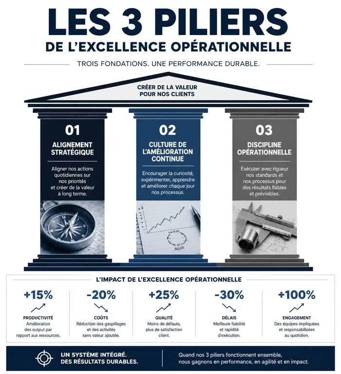 Infographie des piliers de l'excellence opérationnelle : alignement, amélioration continue et discipline