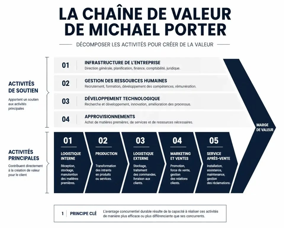 Schéma illustrant la chaîne de valeur de Porter avec les activités principales et de soutien