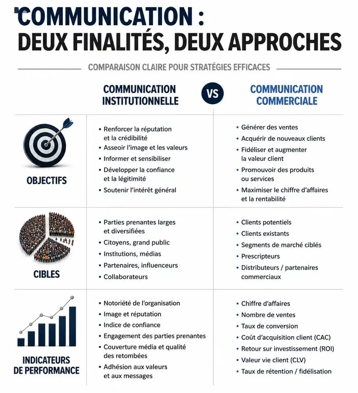 Infographie comparative entre communication institutionnelle et communication commerciale