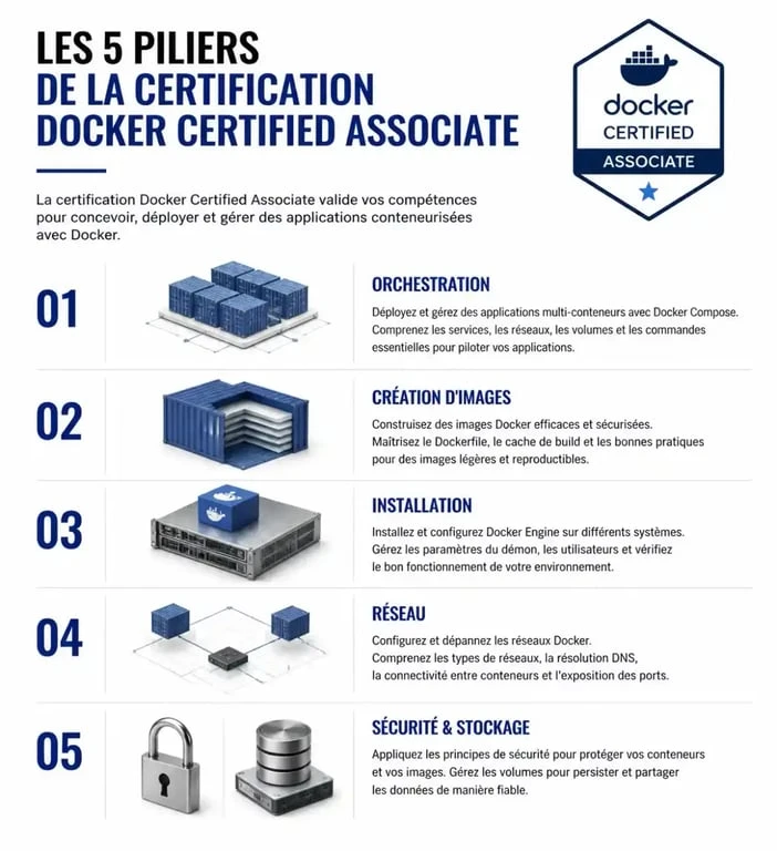 Infographie des 5 piliers de la certification Docker Certified Associate pour la préparation à l'examen