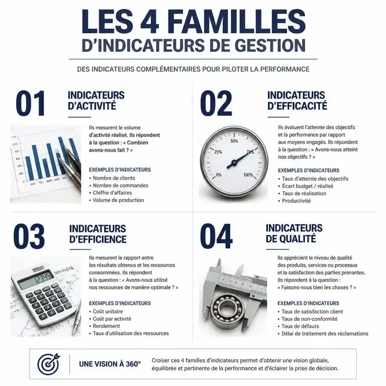 Infographie sur les quatre familles d'indicateurs pour un management par tableau de bord efficace