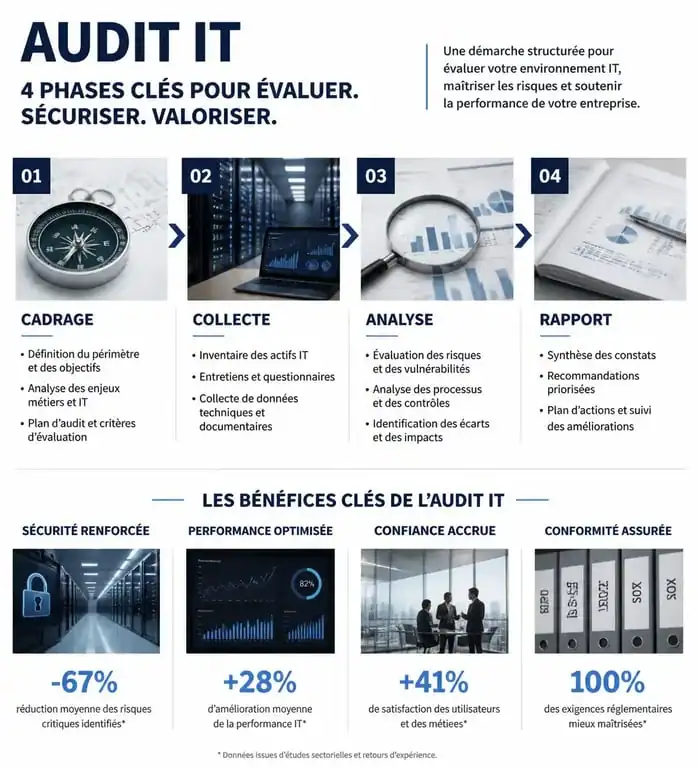 Infographie sur les étapes et bénéfices d'un audit IT pour les entreprises
