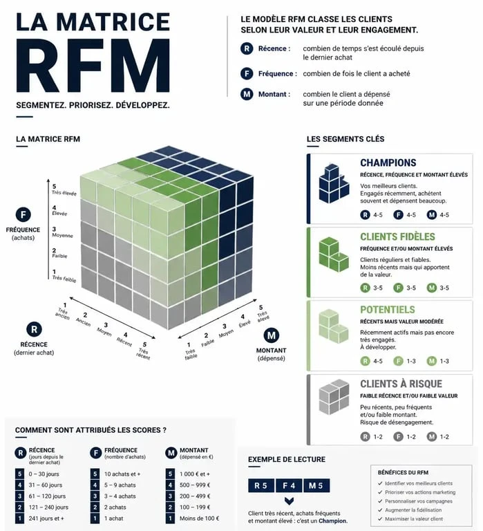 Infographie explicative de la segmentation RFM pour le marketing et la gestion de la relation client