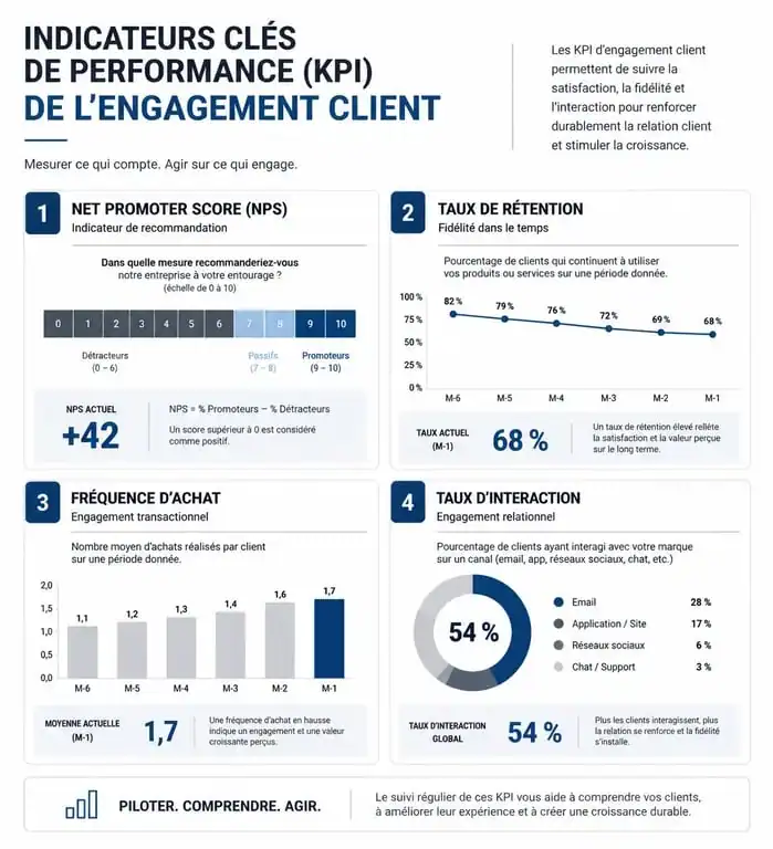 Infographie des indicateurs clés de performance pour mesurer le customer engagement en entreprise