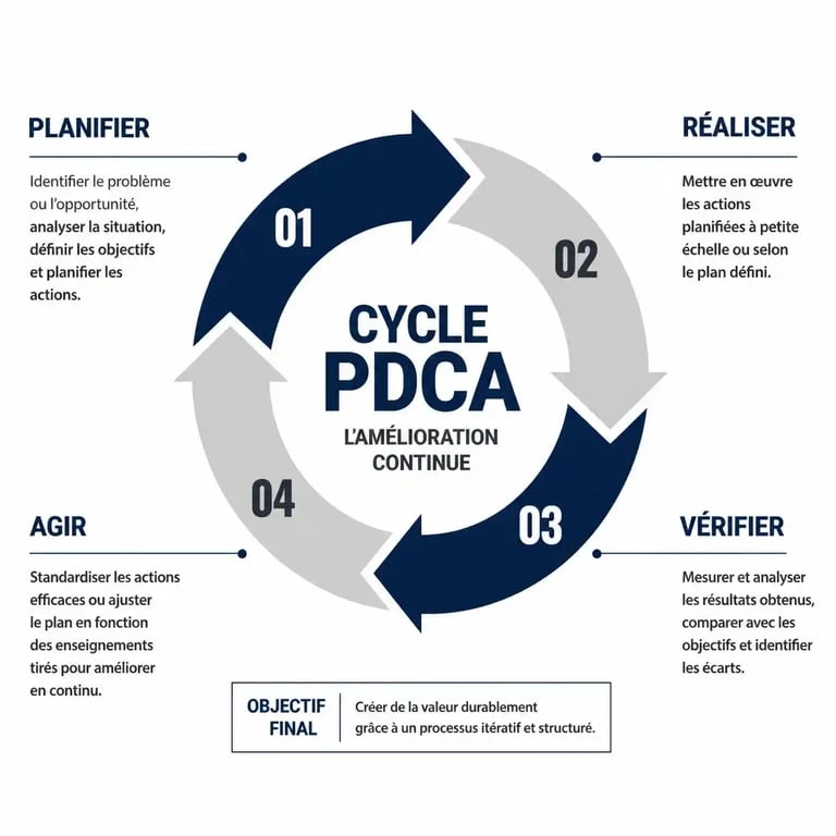 Schéma du cycle PDCA illustrant la démarche qualité et l'amélioration continue en entreprise