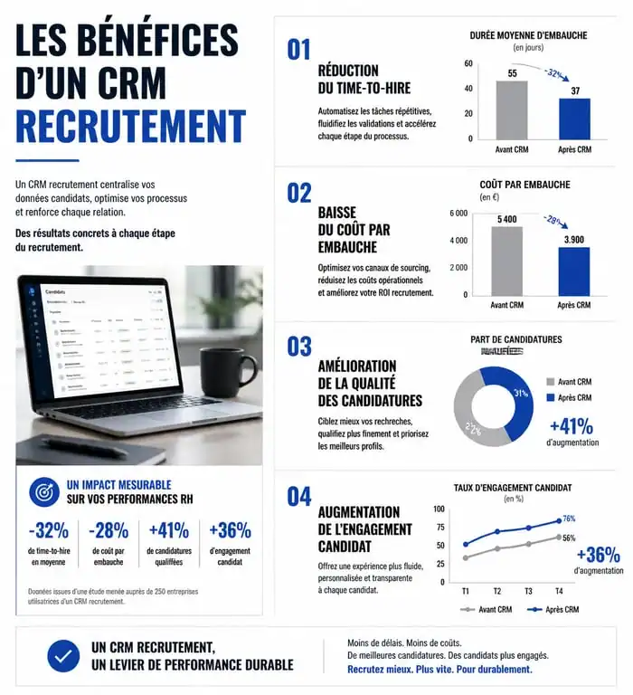 Infographie des bénéfices d'un CRM recrutement sur les indicateurs RH