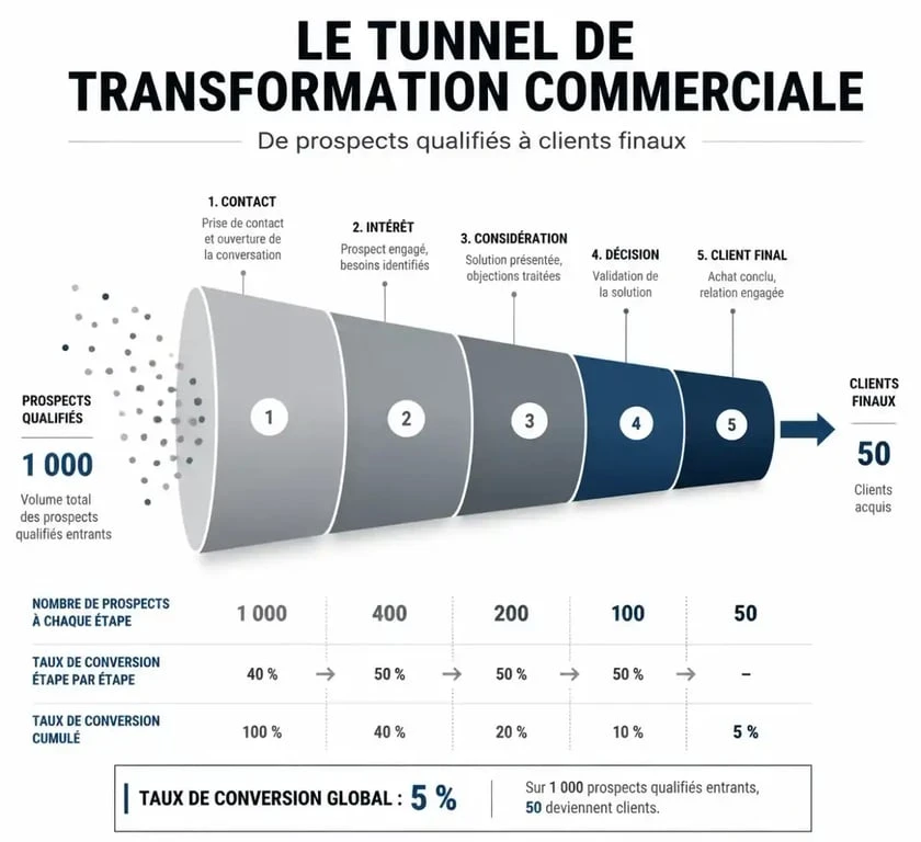 Infographie illustrant le calcul et le processus du taux de transformation dans un tunnel de vente