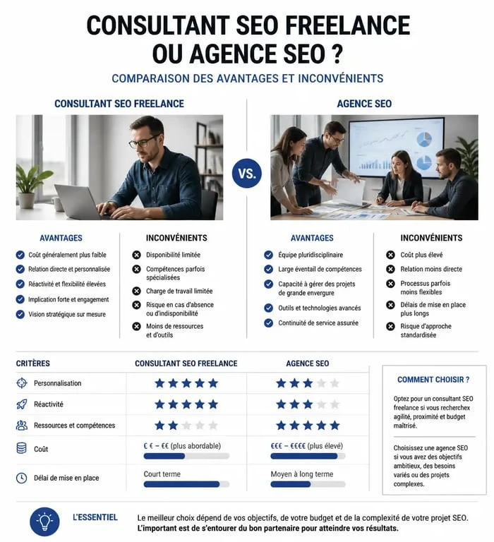 Comparatif entre consultant SEO freelance et agence SEO pour choisir le meilleur consultant SEO