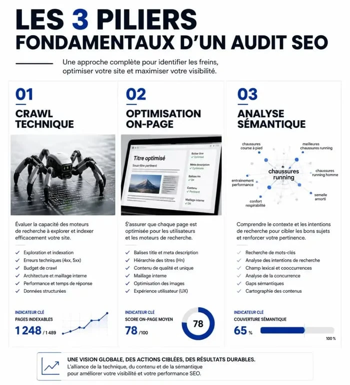 Infographie des piliers d'un audit SEO pour le choix d'outils audit SEO
