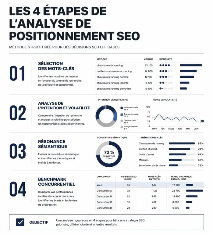 Infographie des étapes clés pour une analyse de positionnement SEO efficace