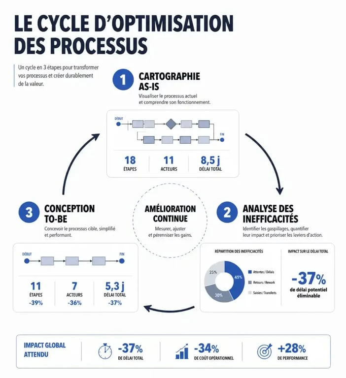 Schéma des étapes clés pour optimiser les processus en entreprise : de la cartographie à l'automatisation.