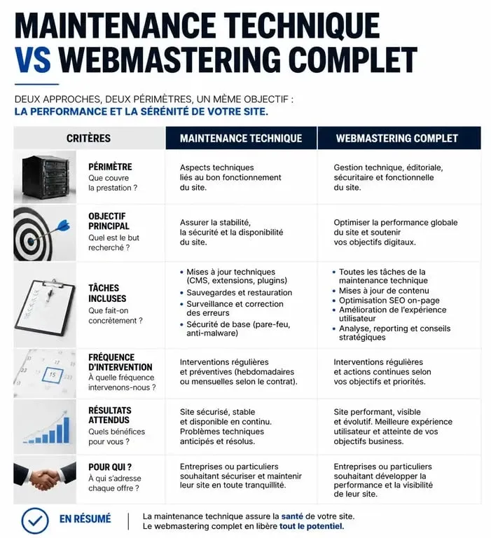 Infographie comparative entre maintenance technique et webmastering complet pour la gestion de site web