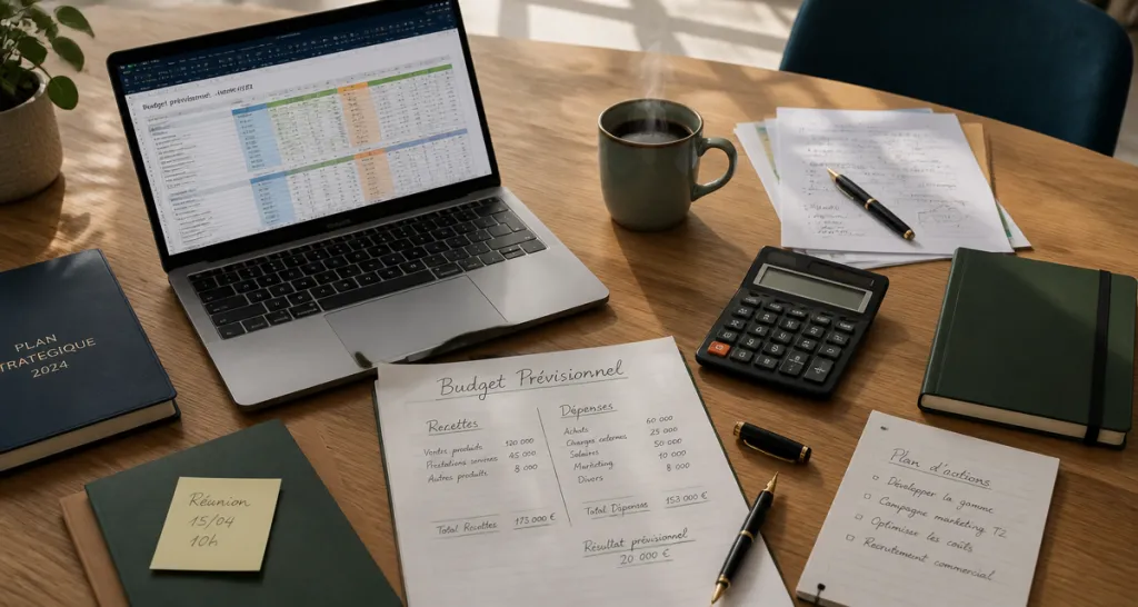 exemple budget prévisionnel sur bureau avec ordinateur et calculatrice