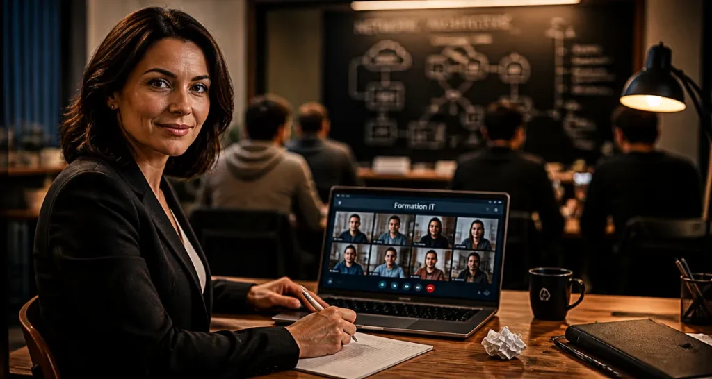Formateur informatique en formation IT, montre une classe virtuelle
