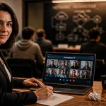 Formateur informatique en formation IT, montre une classe virtuelle