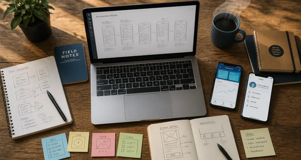 Mobile application dev desk with laptop, phones, notes