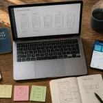 Mobile application dev desk with laptop, phones, notes