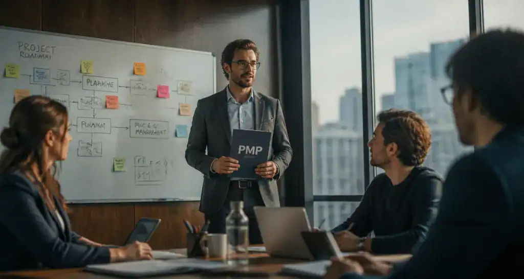 project manager pmp en réunion avec équipe