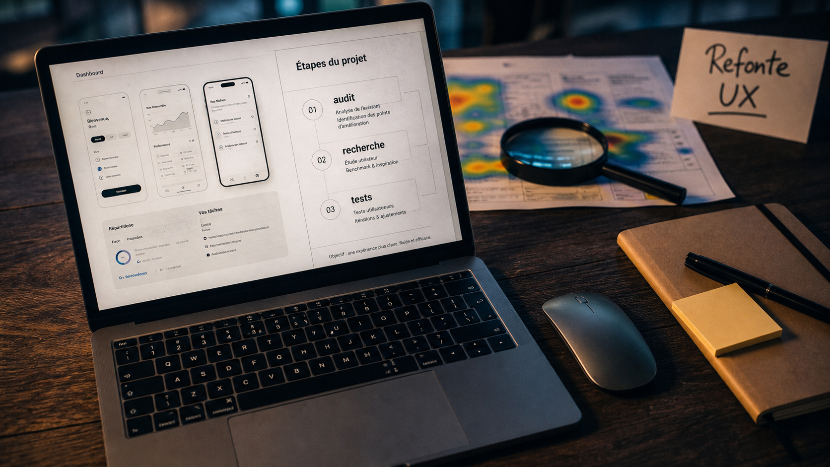 Refonte UX : maquette UX et heatmaps sur table de travail