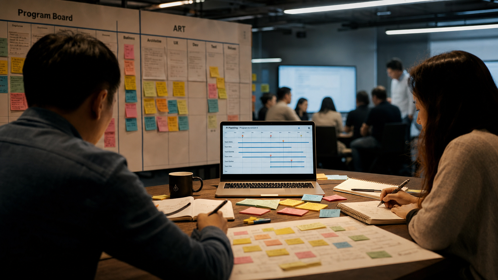 safe scrum : équipe en réunion avec Program Board et ART, passage à l’échelle