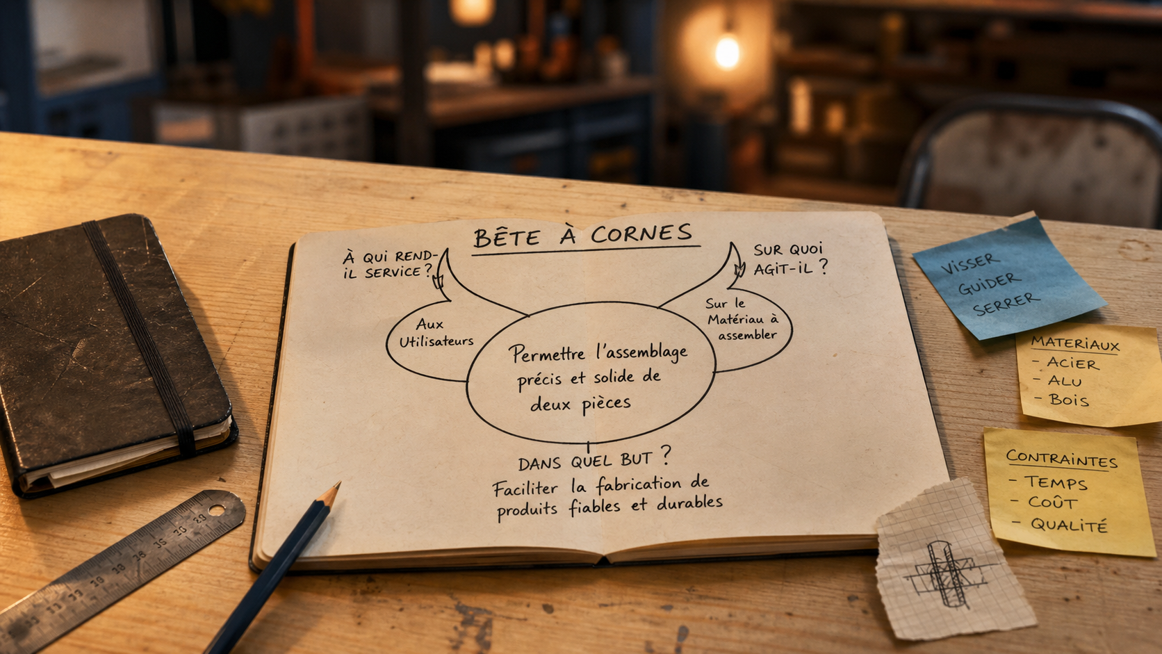 bete a corne, diagramme à trois zones dans un cahier d’atelier