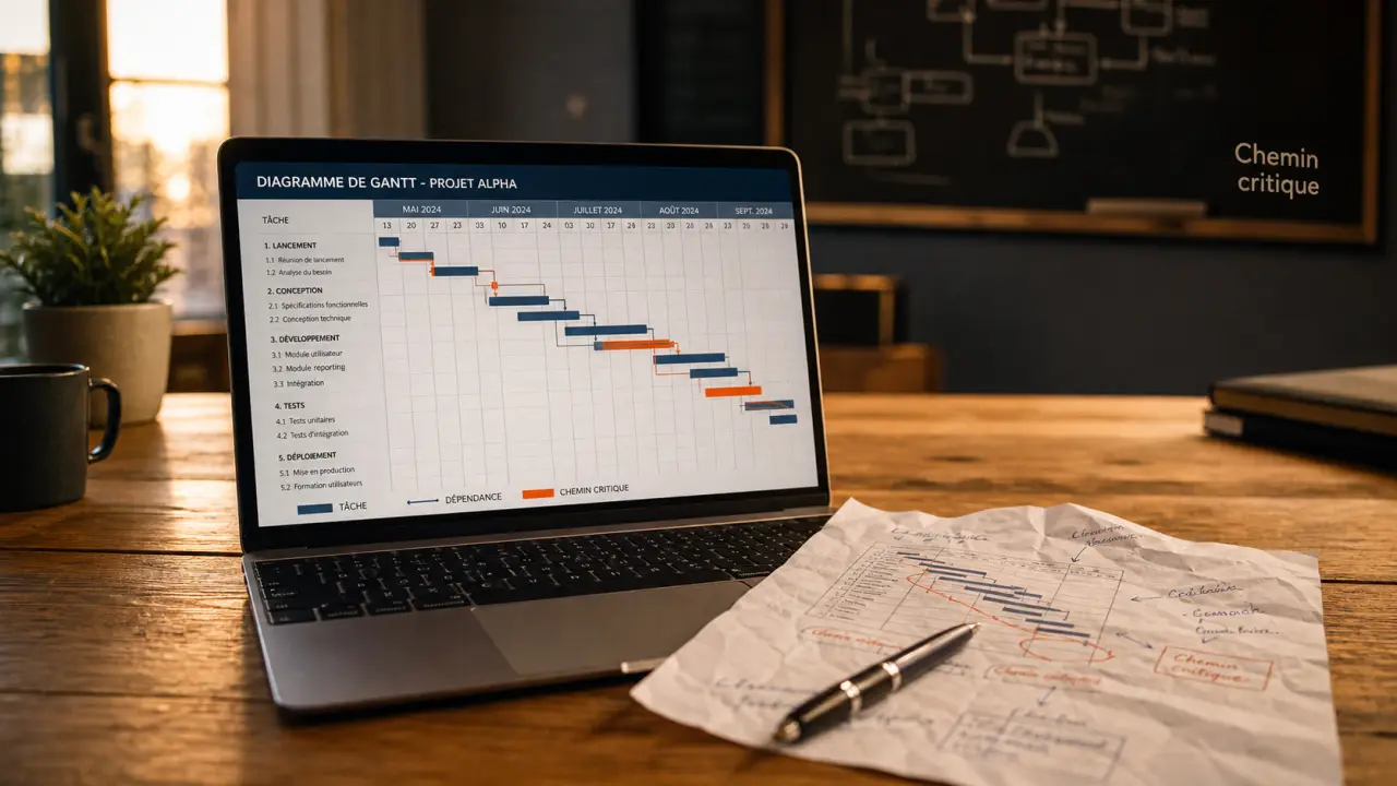 Chemin critique gantt : chaîne surlignée fixant la date finale