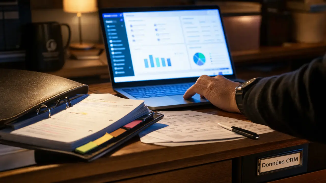 CRM base de données : données fiables et évolution (bureau, laptop)