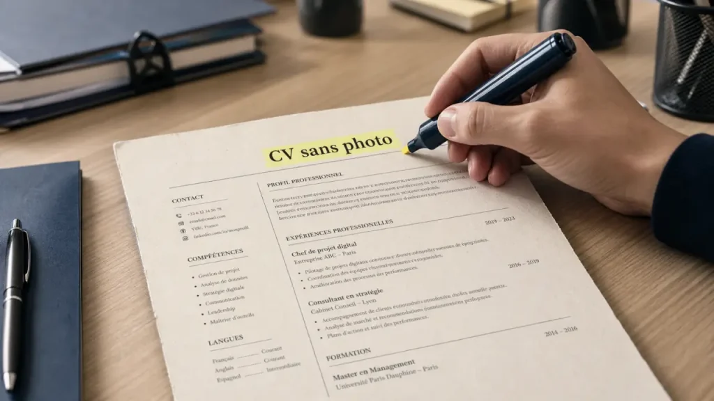 cv sans photo légal sur table, main au surligneur