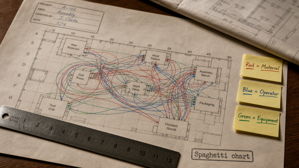 Diagramme spaghetti pour visualiser les trajets et repérer les gaspillages