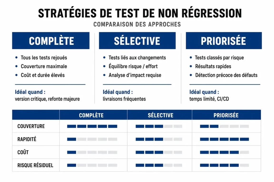 Comparatif des stratégies de test de non régression : complète, sélective et priorisée pour le test non régression logiciel